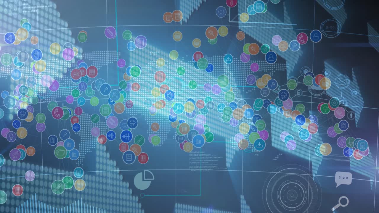 세계 지도 위의 디지털 아이콘과 화살표의 애니메이션