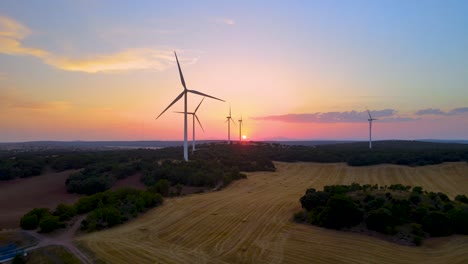 wind turbines farm silhouettes with beautiful golden hour evening sun