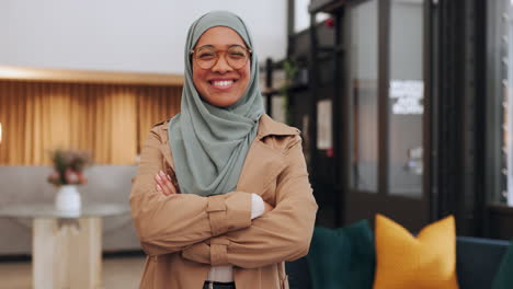 Hijab,-muslim-and-happy-working-woman-feeling