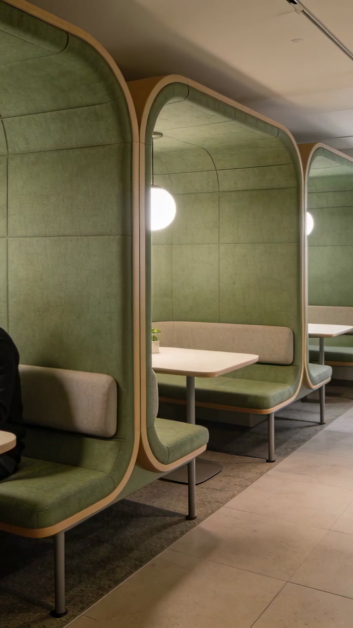 Vertical video: Tracking camera revealing green pods in office break area, showcasing white tables