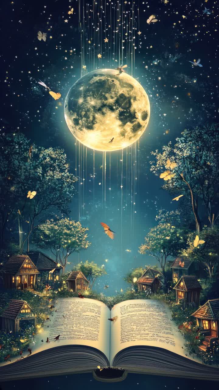 Magical video concept with a low-angle view of an open book, glowing moon, butterflies