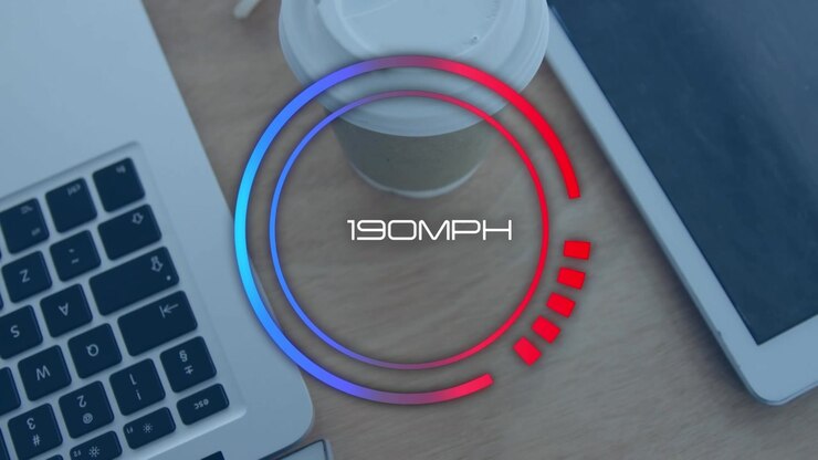 Animation depicts global business and digital interface with speedometer