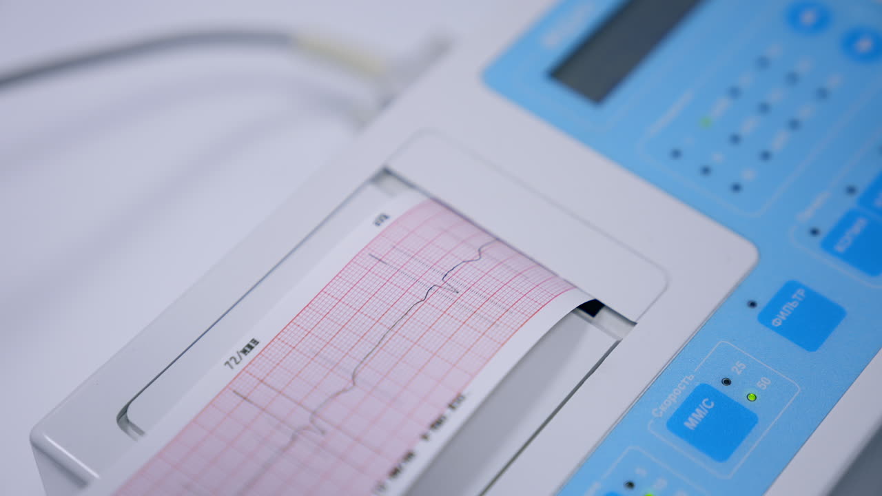Heart check up result produced by electrocardiograph. Close up. Medical equipment working in hospital.