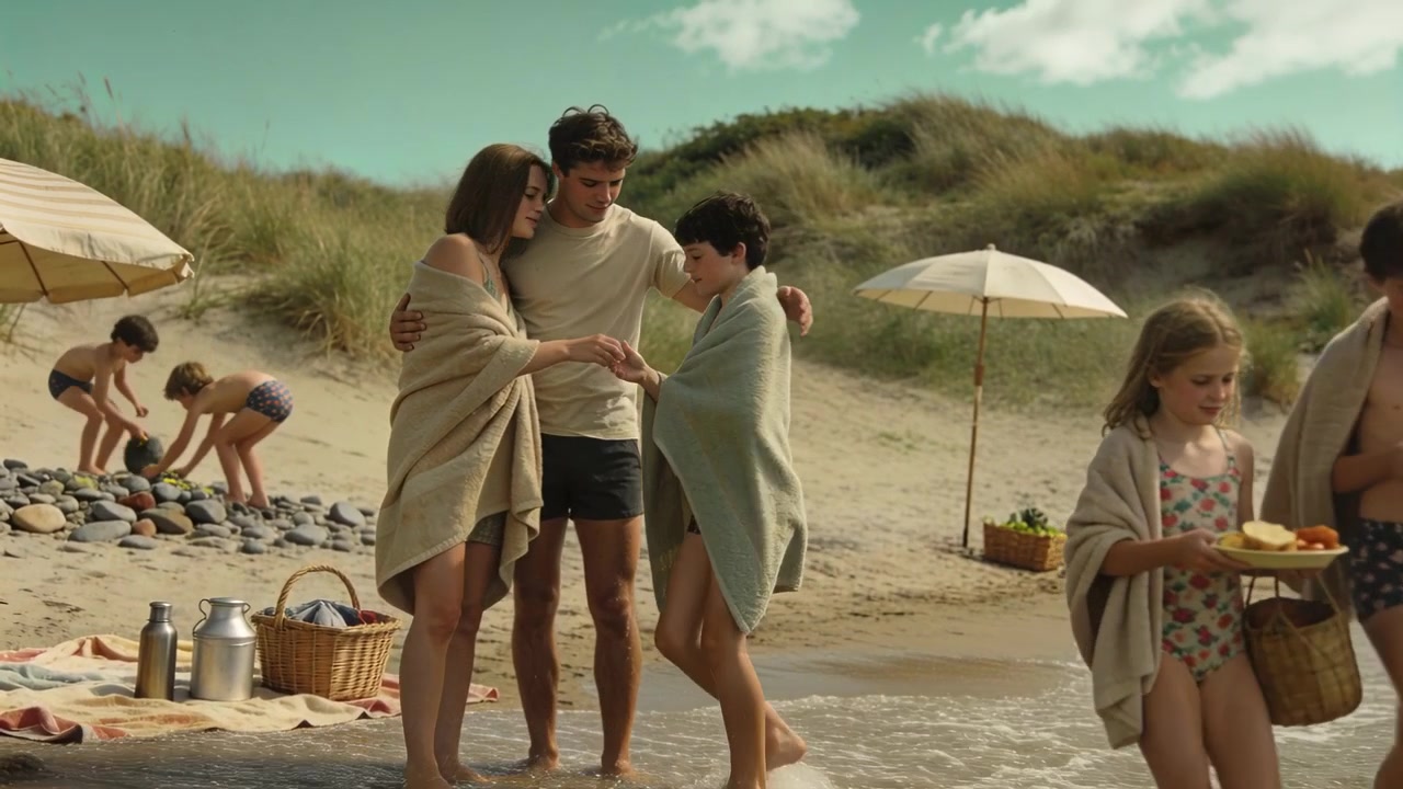 Famiglia avvolta in asciugamani che cammina e si avventura tra le onde, con le onde che lambiscono, portando un vassoio e confortando un bambino.