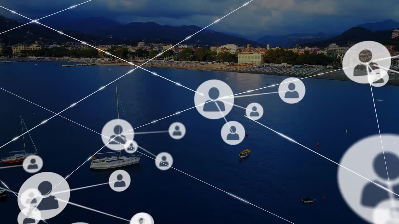 Nodo con icona utente che appare, dando il via a una rete ramificata, mostrando connessioni con linee bianche su un porto.