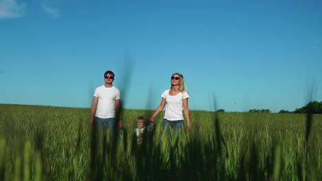 walking family in the field with one child in white t-shirts