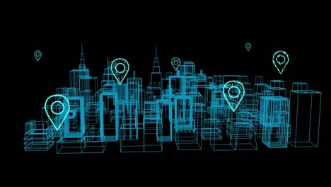 Animation-of-digital-location-icons-flying-over-cityscape