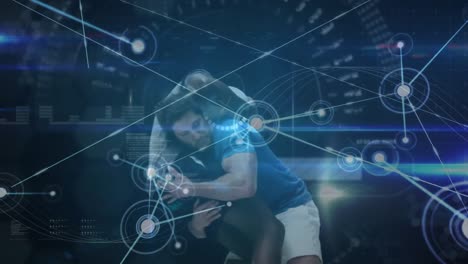 animation of two male rugby players in scrum and network of connections