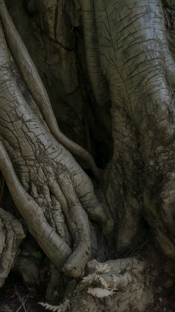 Vertical video: As shot starts, camera panning over tree trunk with roots, showing crevice, fern