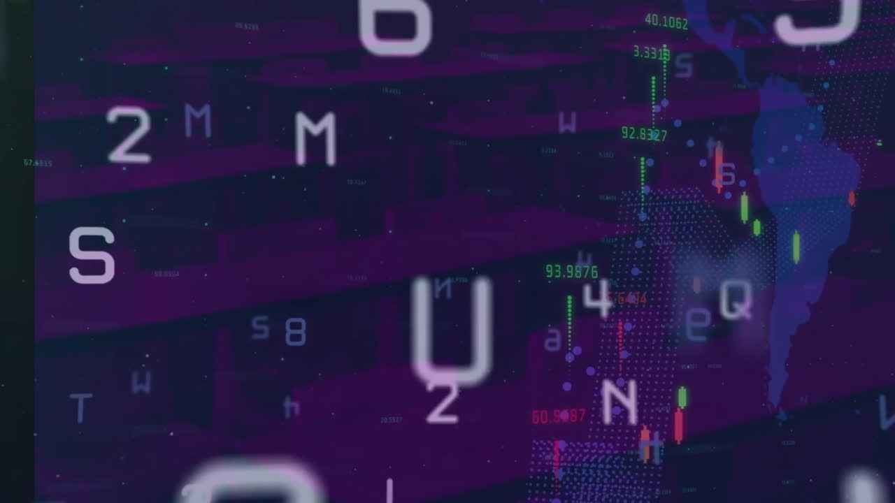 Animation of letters, numbers and financial data processing over world map