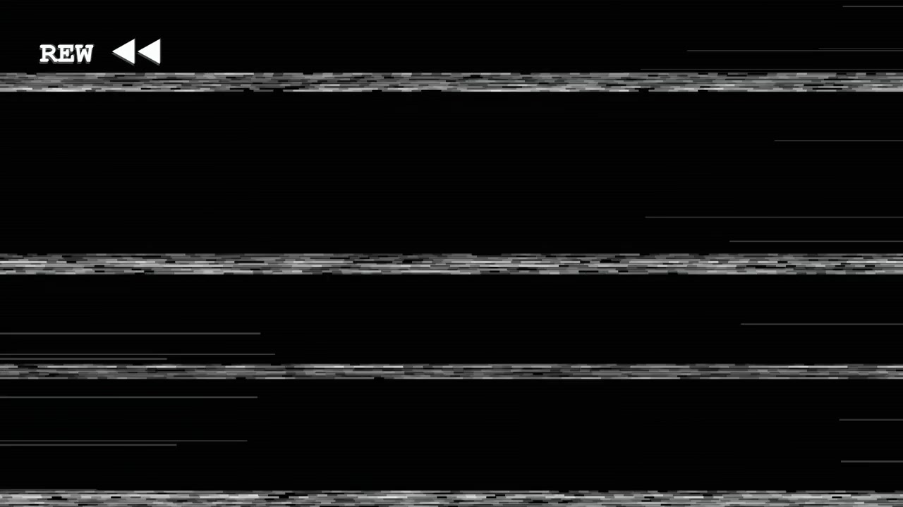 VHS-tilbakespolingsskjerm med glitch-forvrengningseffekt.