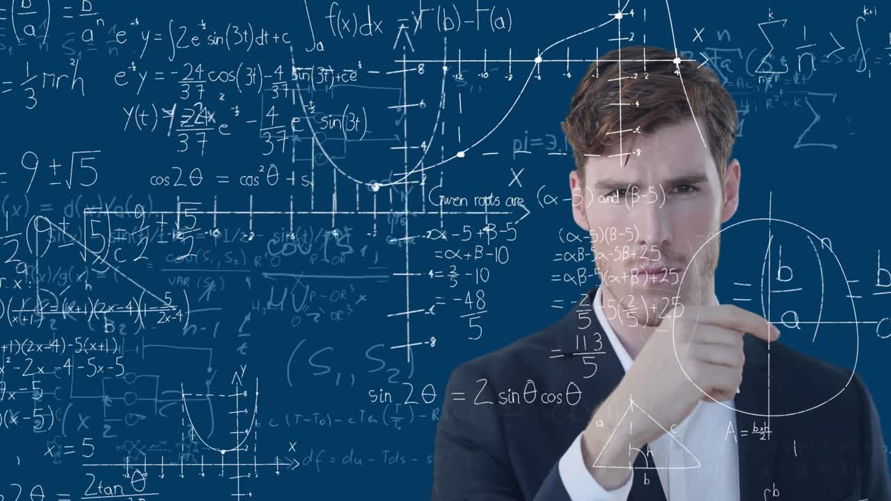 анимация математических уравнений над белым бизнесменом, касающимся невидимого экрана