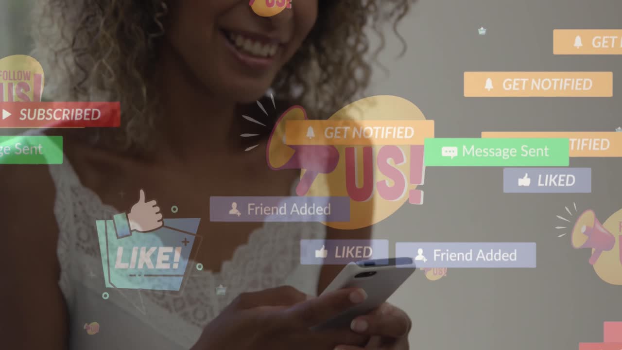 Animation of follow us and social media icons over smiling biracial woman using cellphone