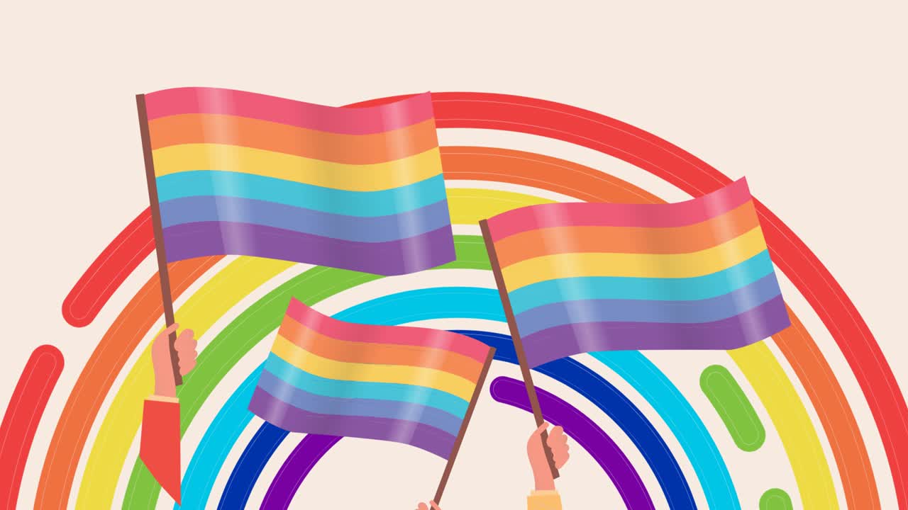 animación digital de manos sosteniendo banderas de orgullo gay sobre el círculo arco iris en fondo rosa