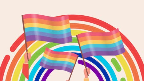 animación digital de manos sosteniendo banderas de orgullo gay sobre el círculo arco iris en fondo rosa