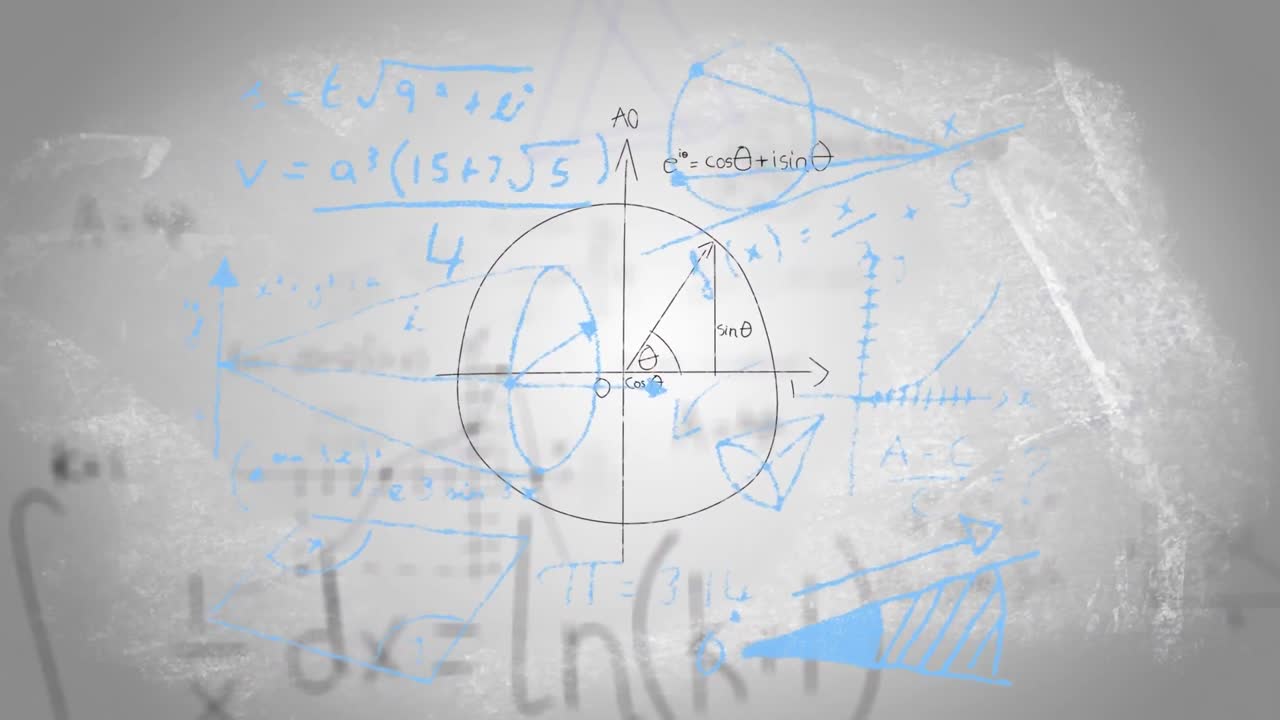 화이트보드 위에 다이어그램으로 흐릿한 수학적 방정식의 애니메이션