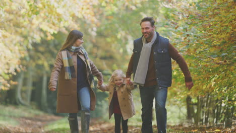 excited girl being swung by parents on family autumn walk through countryside