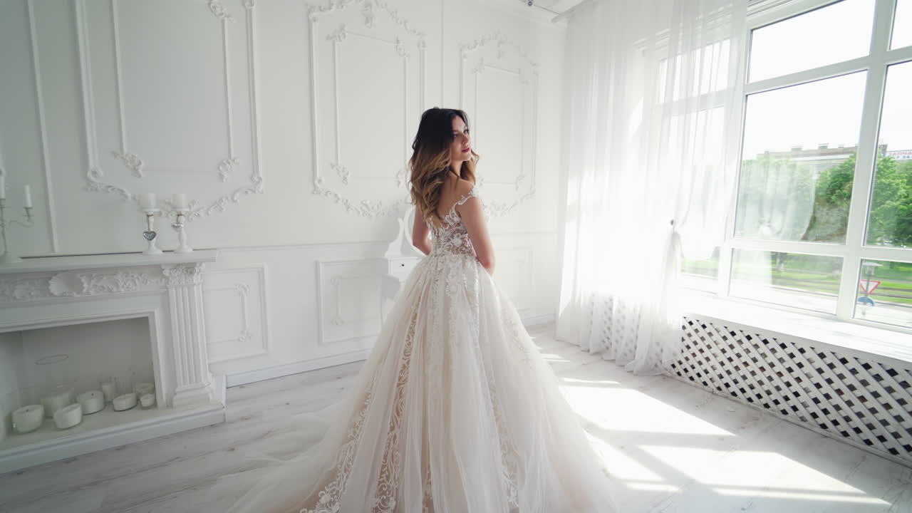 Luxury bride in dress. Portrait of the beautiful bride against a window indoors