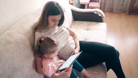 High-angle-side-shot-Young-mother-and-sweet-daughter-are-sitting-on-couch-and-training-using-tablet