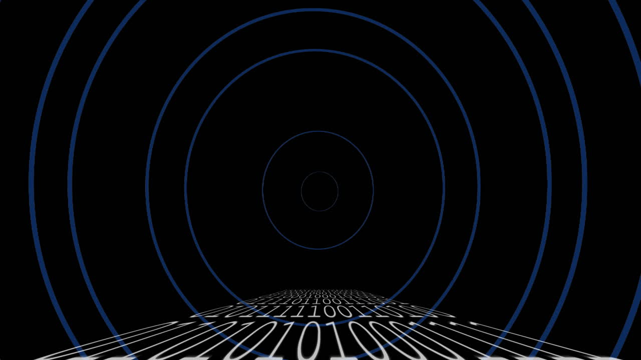 animación de codificación binaria y círculos sobre fondo negro