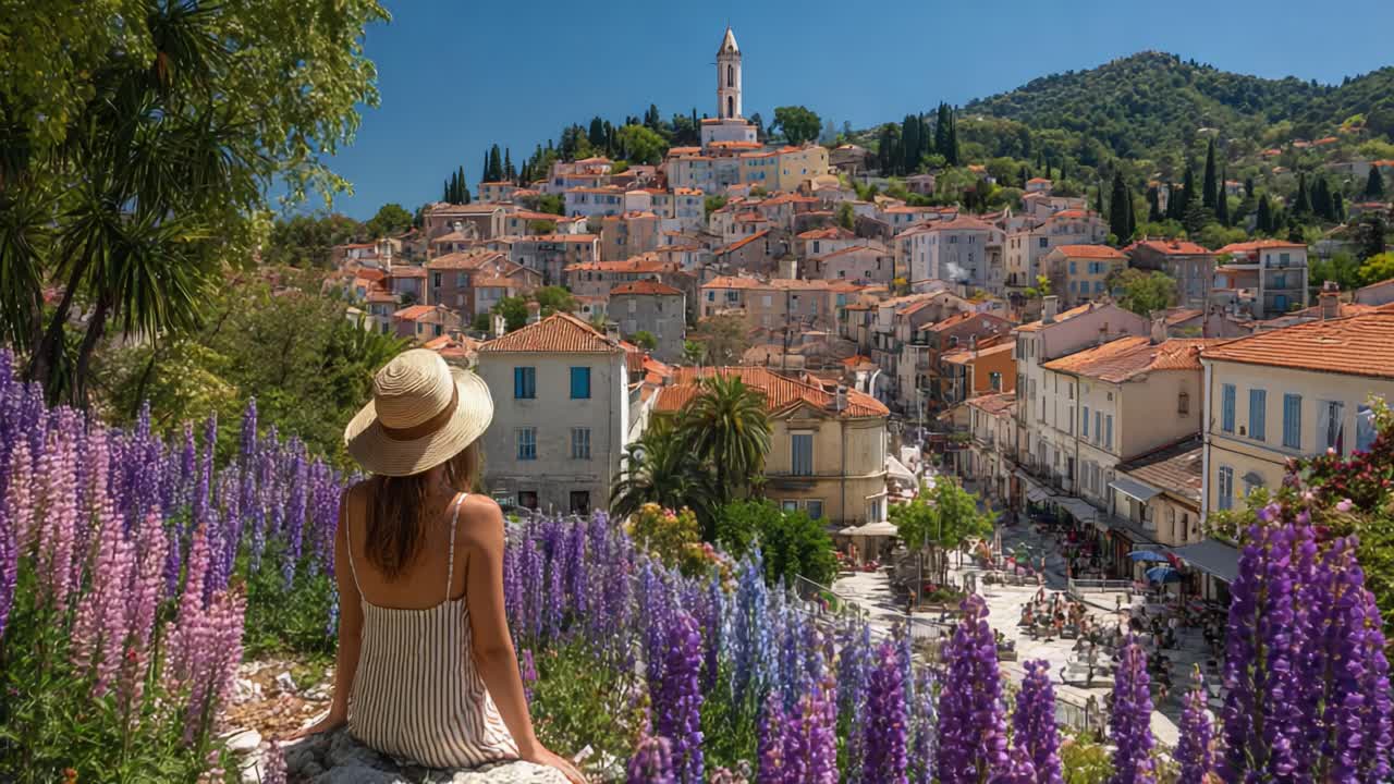 Breathtaking View of a Picturesque Village Surrounded by Vibrant Flowers and Scenic Mountains, Perfect for a Day of Relaxation and Enjoyment