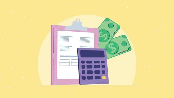 calculator math with clipboard and bills animation