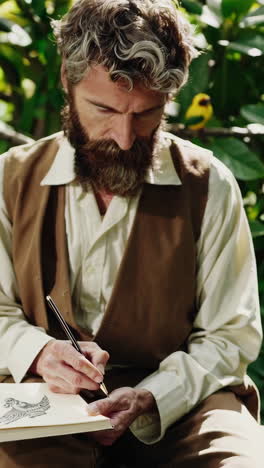 man sketching in a tropical garden