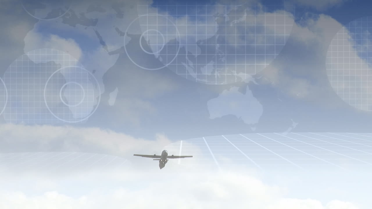 animación del procesamiento de datos sobre el plano, el mapa del mundo, el globo y el cielo