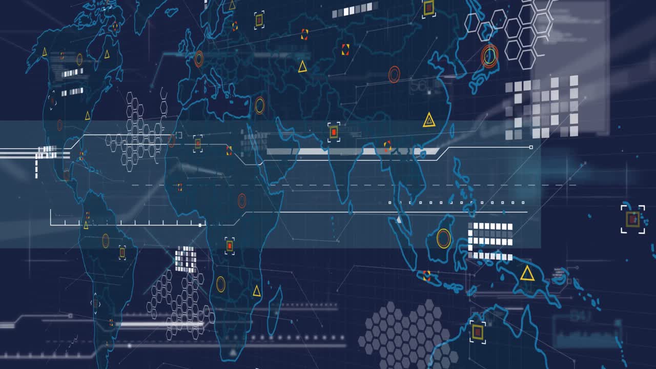 Animation of world map and data processing against blue background
