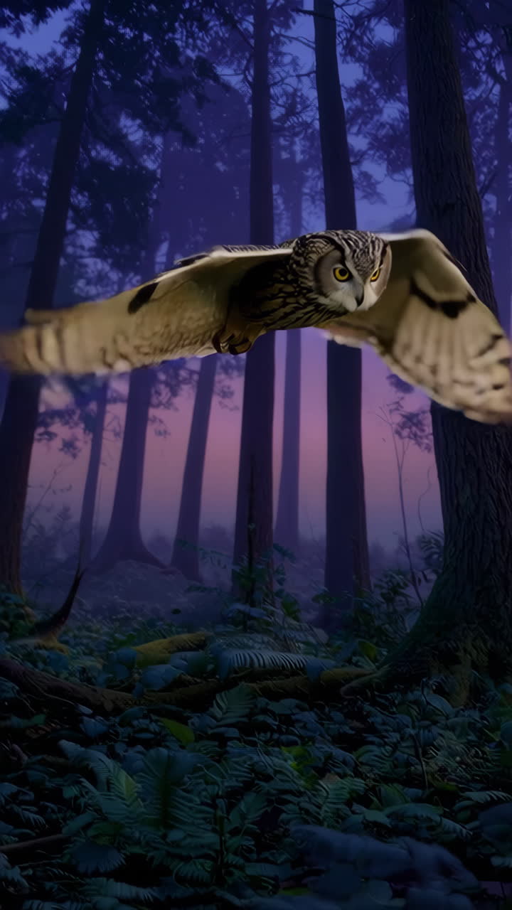Owl in Flight Over Misty Forest at Twilight