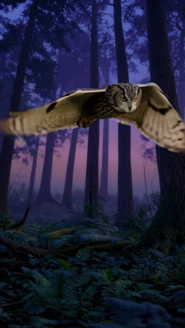 owl in flight over misty forest at twilight