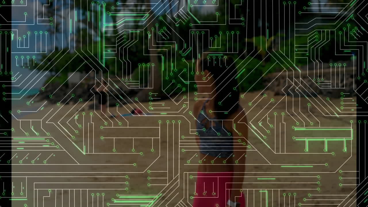 Walking outdoors, person with circuit board animation overlay, technology concept