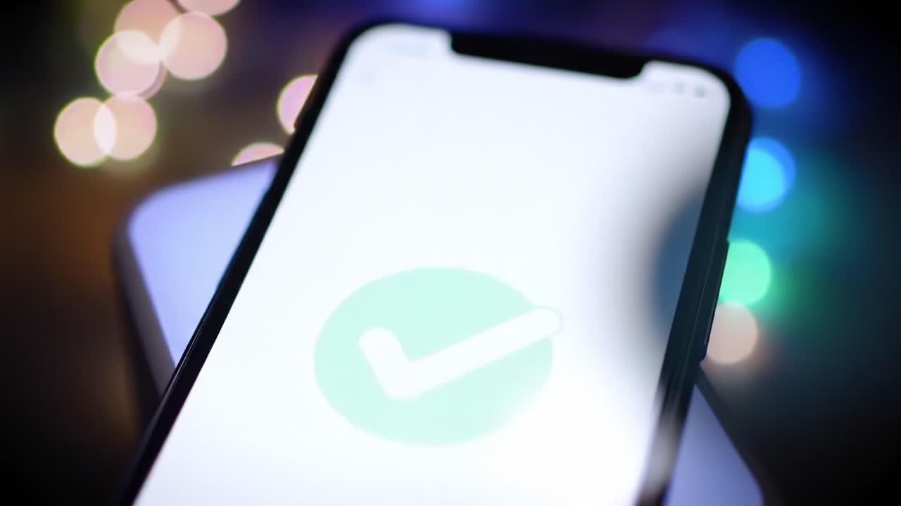 A Stylish Smartphone Displaying a Confirmatory Checkmark Against a Colorful Bokeh Background, Showcasing Modern Technology in a Vibrant Environment