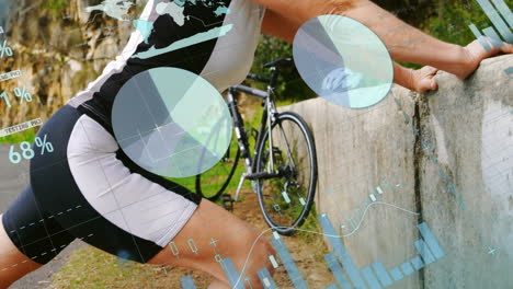 animation of financial data processing over caucasian cyclist woman stretching