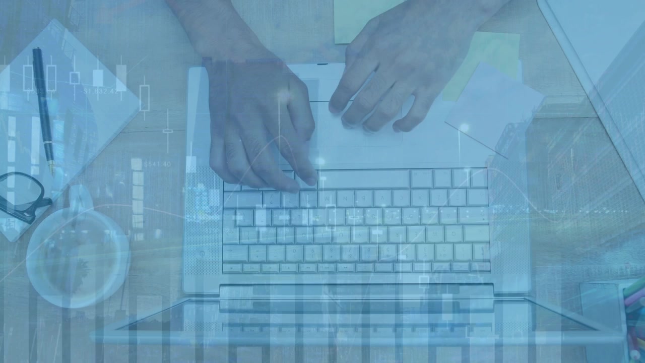 Animation of road over hands using laptop in office