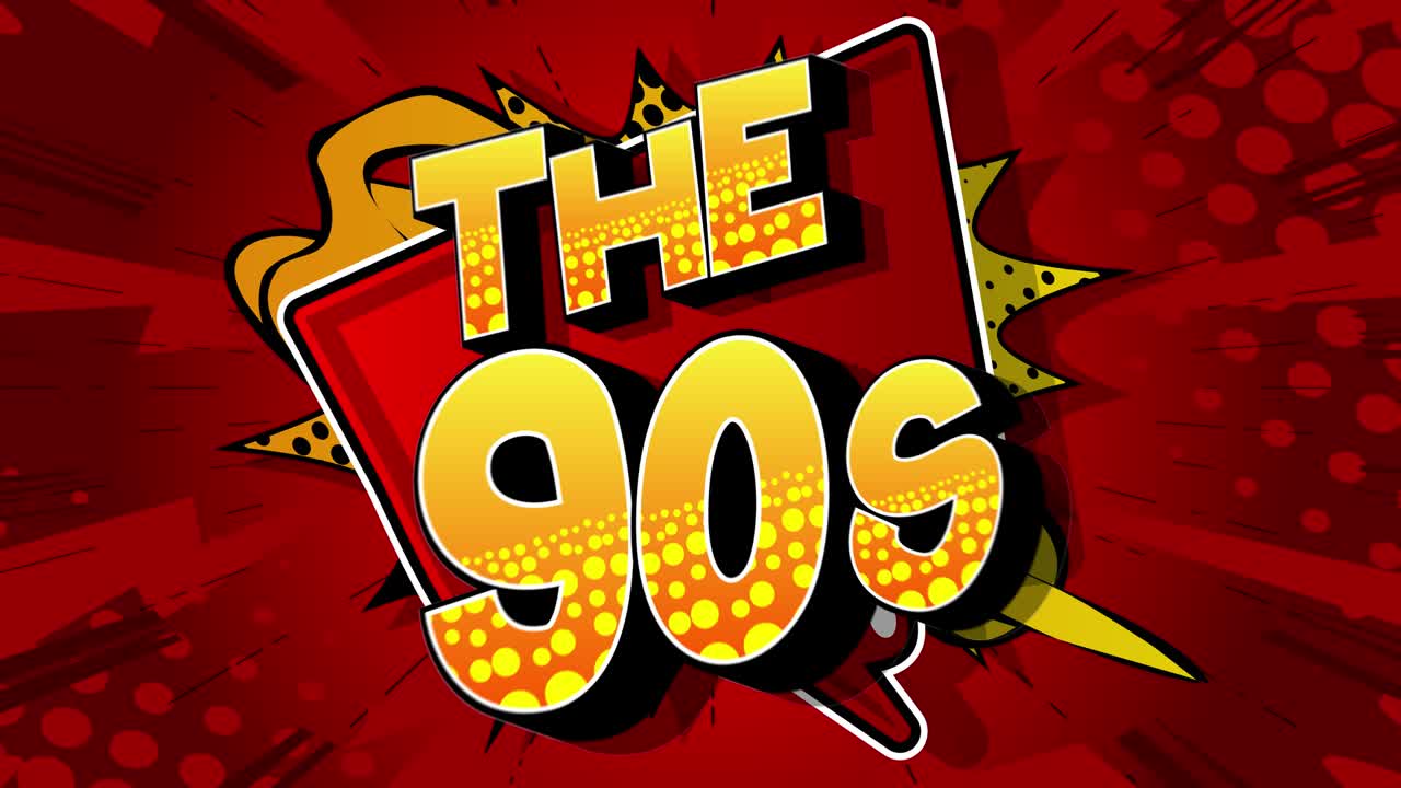 el cartel de movimiento de los años 90. palabra de cómic animado 4k