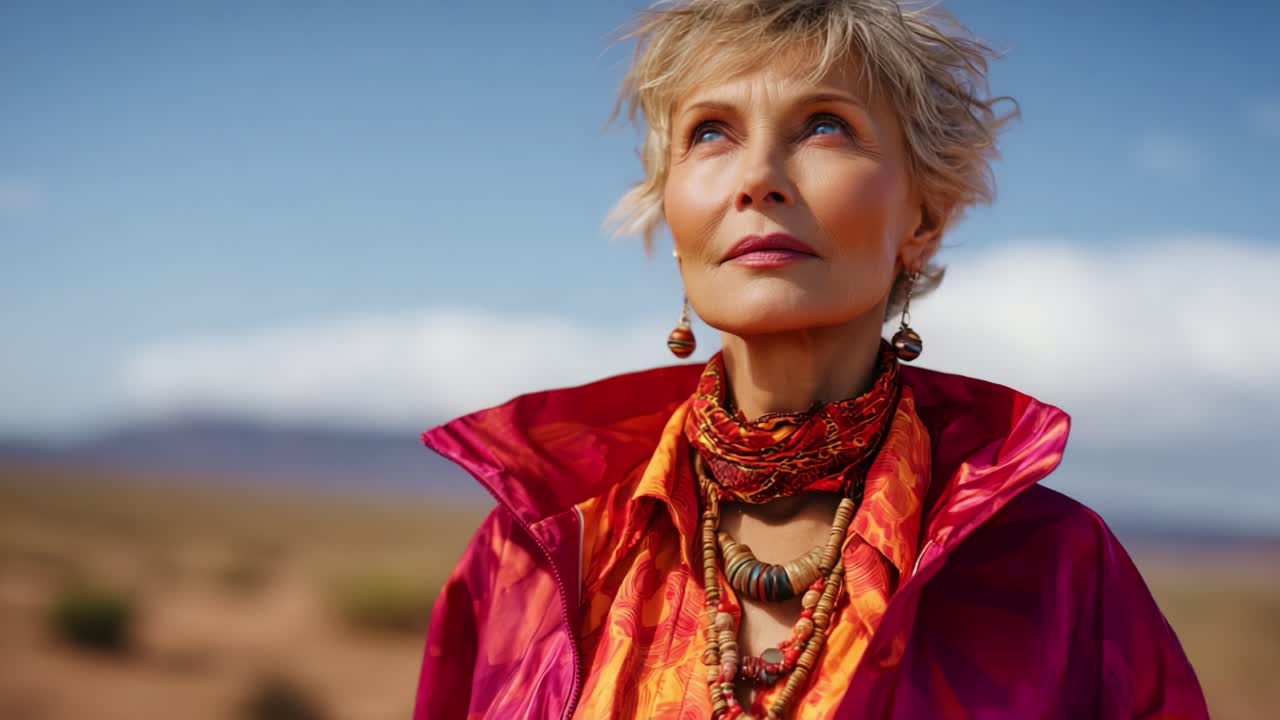 Un'elegante signora anziana con abiti vivaci posa in un paesaggio desertico, mostrando eleganza e sicurezza su uno sfondo di cielo azzurro e montagne.