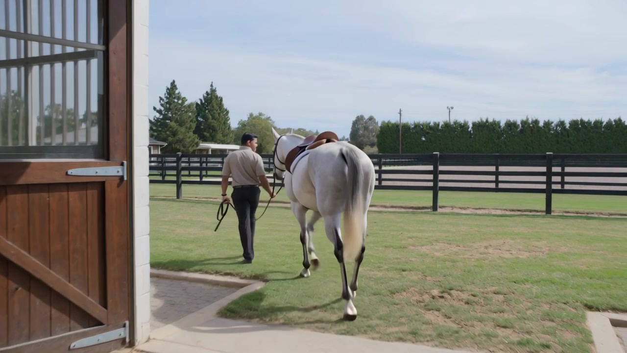 Aprendo una porta a scuderia, un addestratore in camicia color cachi conduce un cavallo grigio chiaro sellato nel paddock per il pascolo.