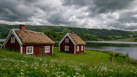 traditional norwegian red cabins with turf roofs by a scenic lake