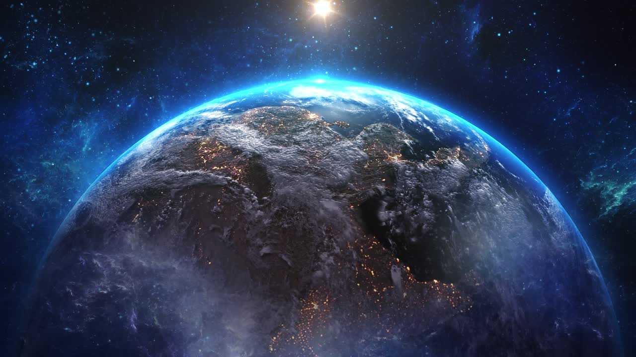 Globalny świat technologii, galaktyka, planeta Ziemia, animacja orbitalna 3D, realistyczna powierzchnia geograficzna, chmury