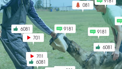dog trainer wearing bite suit holding jute sleeve, social media icons floating during pet training