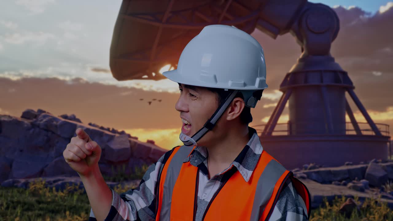 Close Up Side View Of Angry Asian Male Engineer With Safety Helmet Shouting At Someone While Standing With Large Satellite Dish