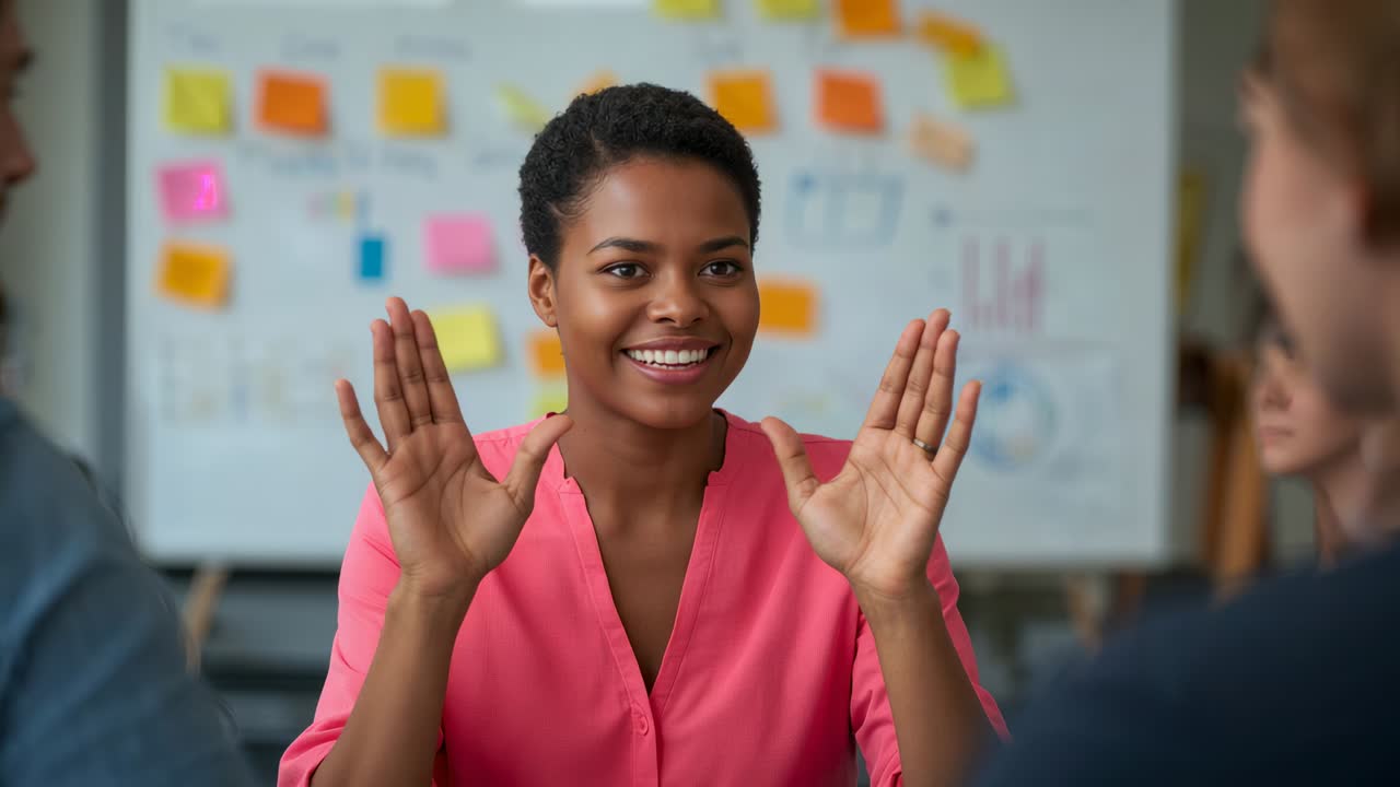 Smiling woman in pink blouse raising hands, explaining plan in meeting room with whiteboard notes