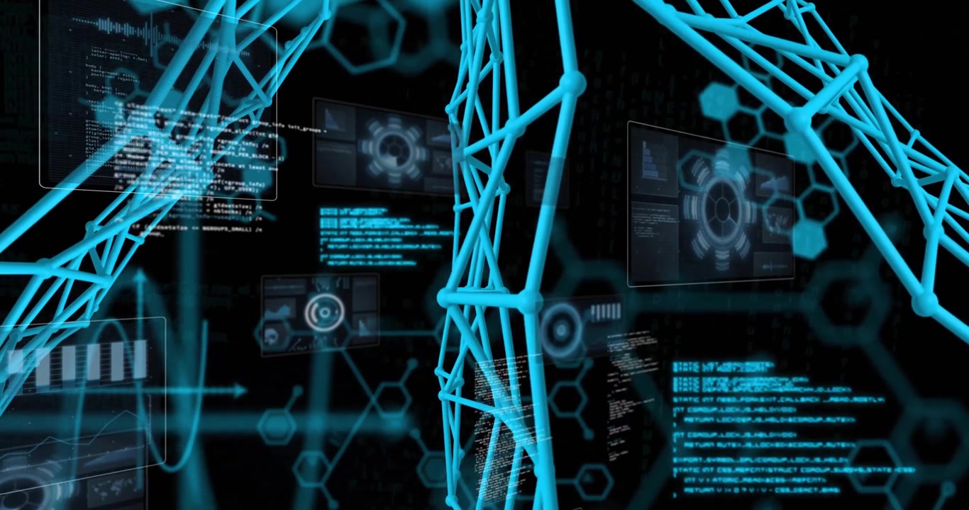 Glowing 3D lattice beams connecting nodes holographic screens displaying graphs code snippets