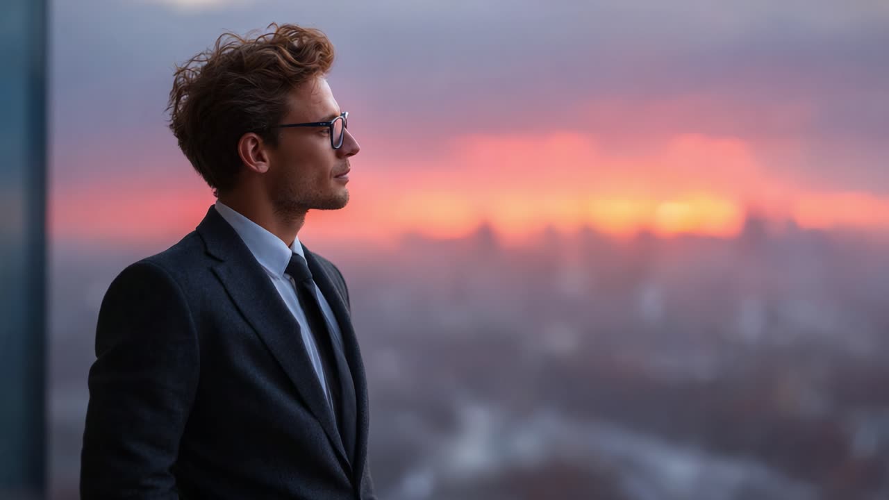 A Thoughtful Man in a Suit Gazes at a Beautiful Sunset Overlooking a City, Reflecting on Life and Future Opportunities in a Serene Moment