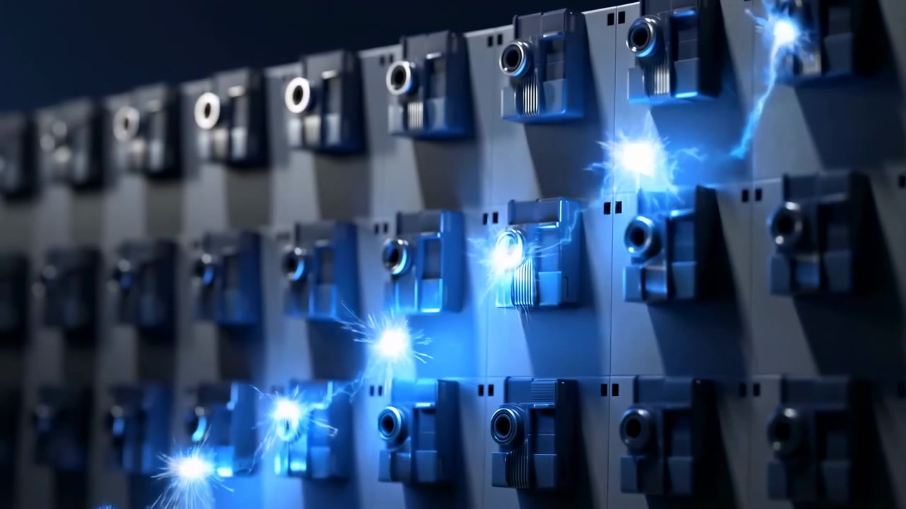 Blue electrical light pulses travel across repeating metallic panels while reflective surfaces and geometric shapes create futuristic visual depth with cool lighting and modern abstract composition.