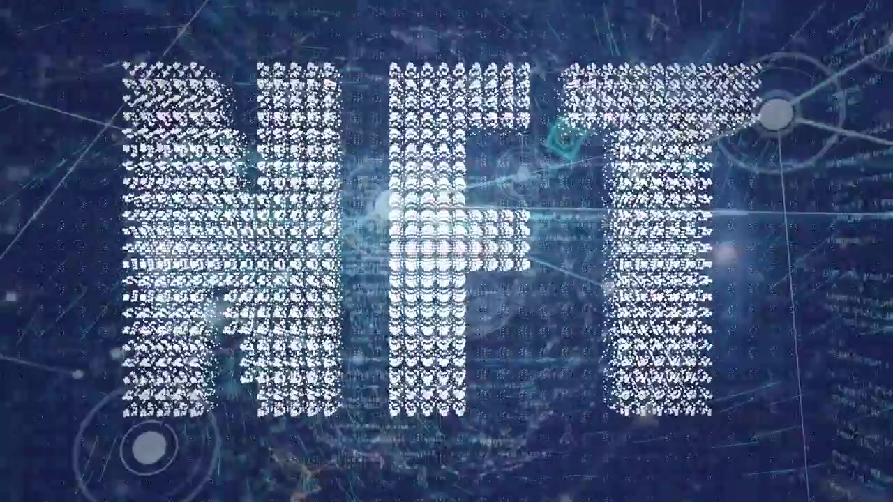 Animation of nft text over network of connections and data processing on black background