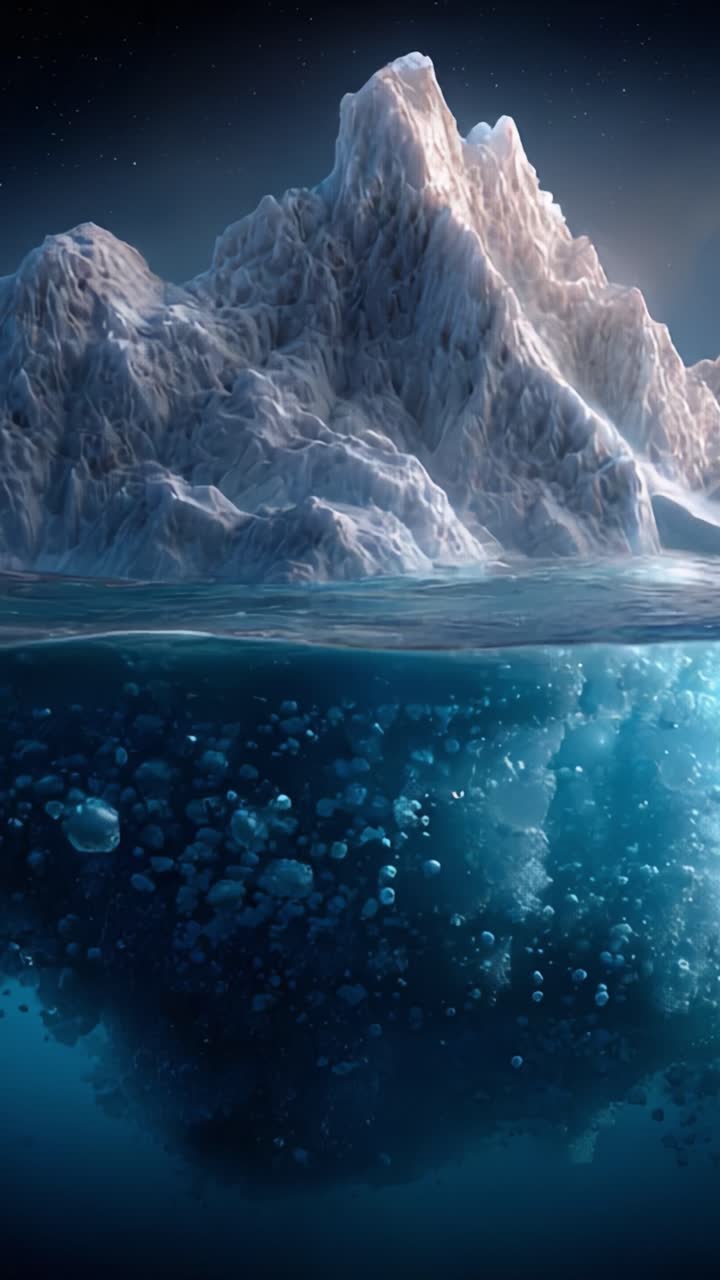 Majestic Iceberg Emerges from Deep Ocean Waters, Illuminated by Stars, Revealing Stunning Underwater Bubbles and Tranquil Blue Depths Below the Surface
