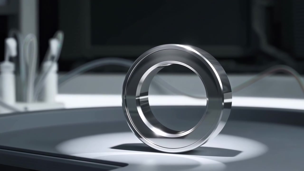 Um anel metálico polido está na vertical sobre uma mesa lisa num espaço de trabalho moderno e pouco iluminado, com equipamento desfocado e um monitor suavemente visível ao fundo.