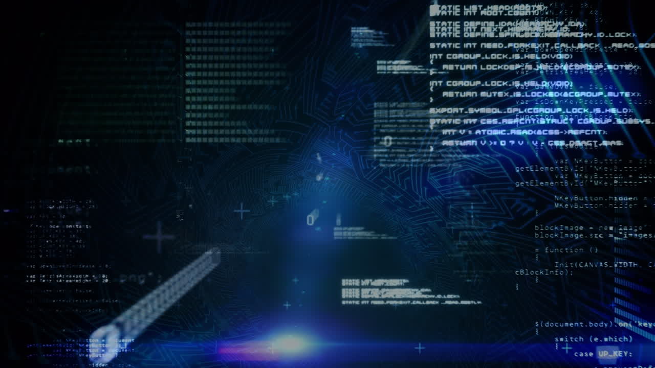 Animation of data processing and binary coding on blue background